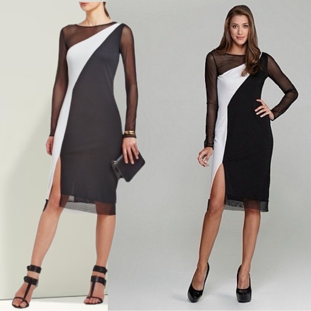 BCBGMaxAzria Colorblock Sheath Lace Long Sleeves White Black Stretchy Formal XS